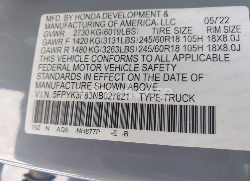 Photo 9 of 2022 Honda Ridgeline BLACK EDITION (VIN 5FPYK3F83NB027821)