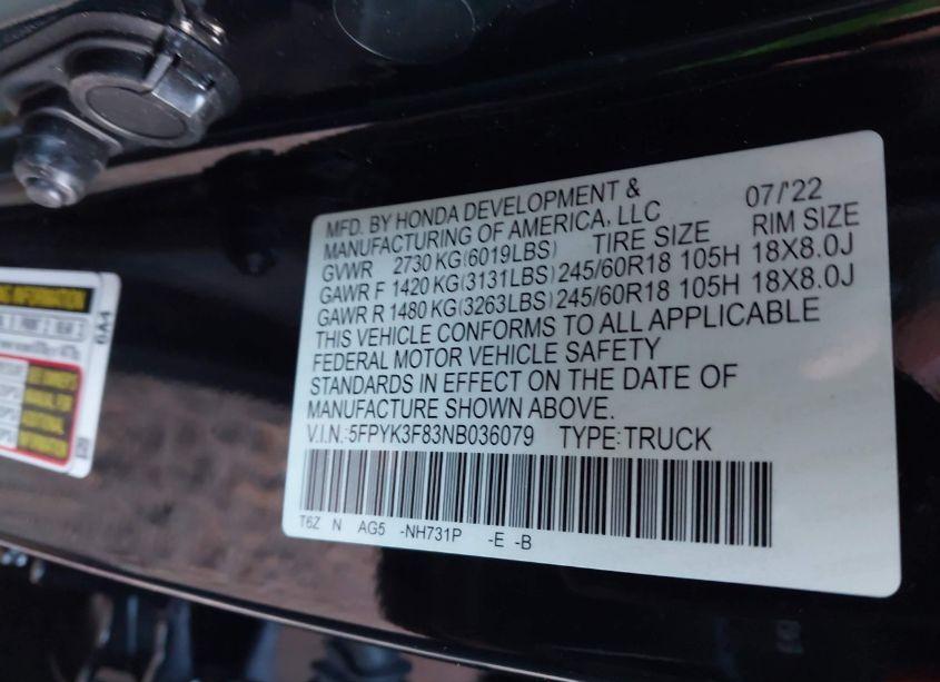 Photo 9 of 2022 Honda Ridgeline BLACK EDITION (VIN 5FPYK3F83NB036079)