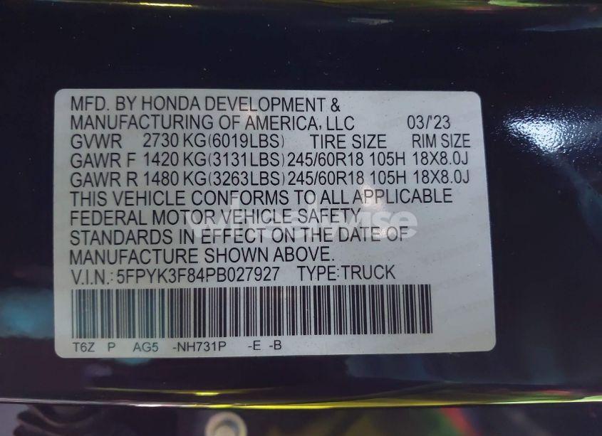 Photo 9 of 2023 Honda Ridgeline BLACK EDITION (VIN 5FPYK3F84PB027927)