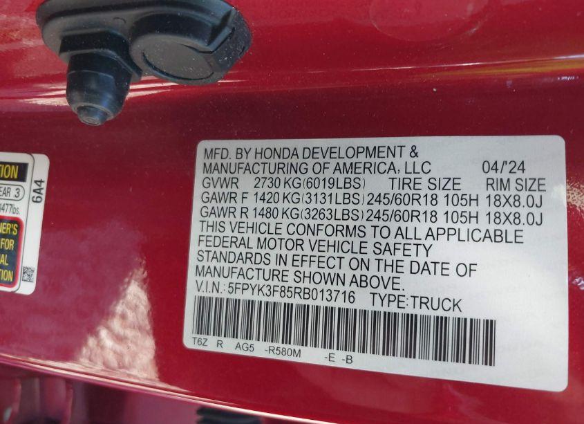 Photo 9 of 2024 Honda Ridgeline BLACK EDITION (VIN 5FPYK3F85RB013716)