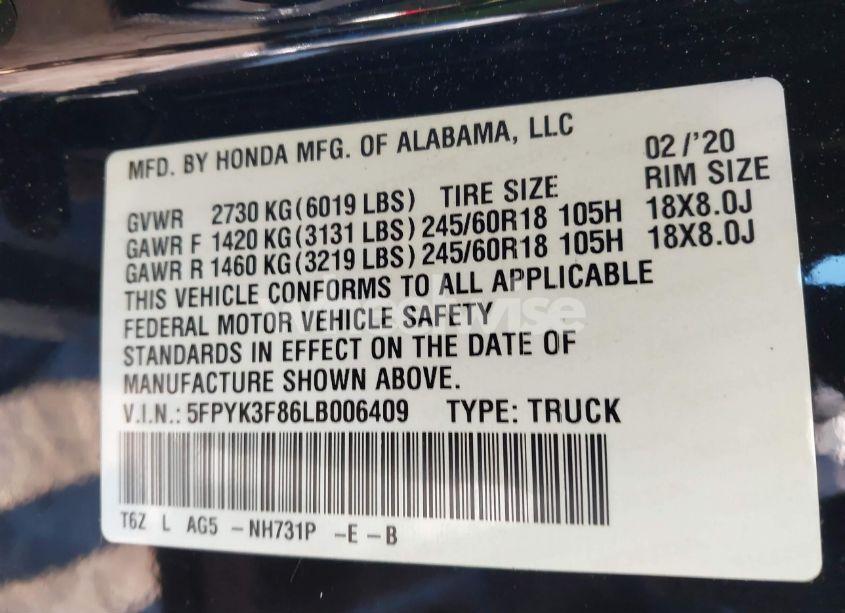 Photo 9 of 2020 Honda Ridgeline BLACK EDITION (VIN 5FPYK3F86LB006409)