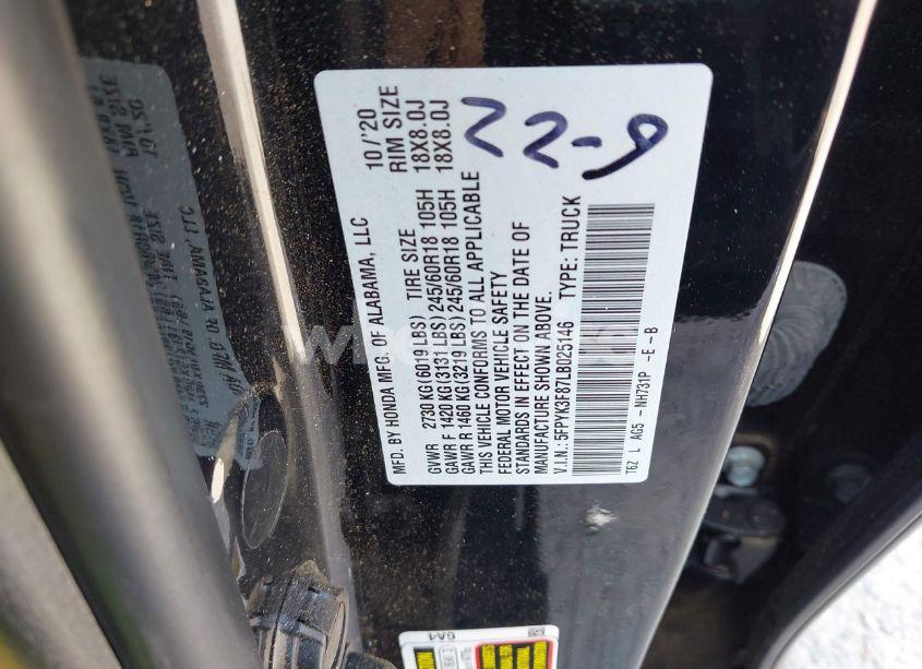 Photo 9 of 2020 Honda Ridgeline BLACK EDITION (VIN 5FPYK3F87LB025146)