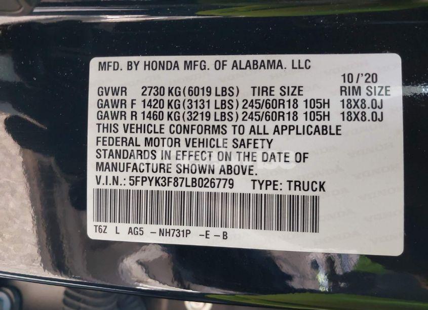 Photo 9 of 2020 Honda Ridgeline BLACK EDITION (VIN 5FPYK3F87LB026779)