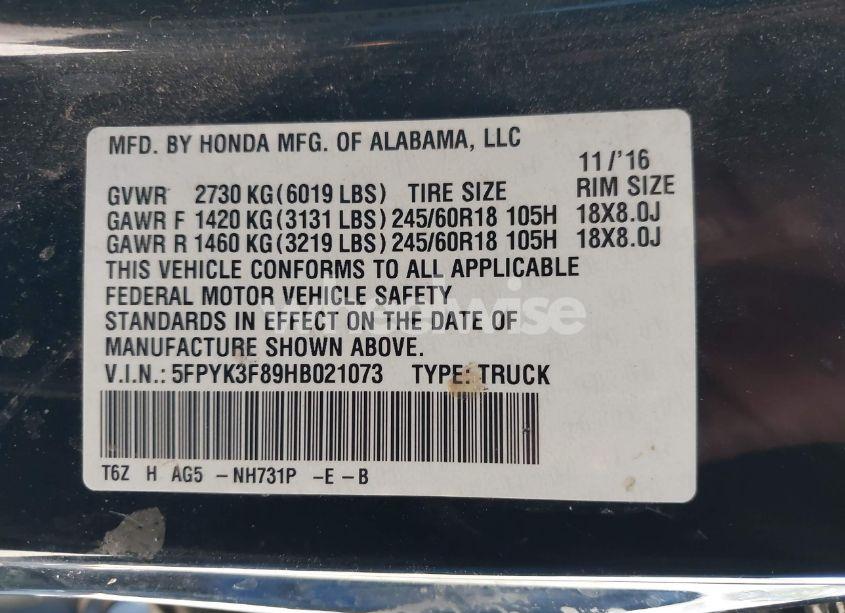 Photo 9 of 2017 Honda Ridgeline BLACK EDITION (VIN 5FPYK3F89HB021073)