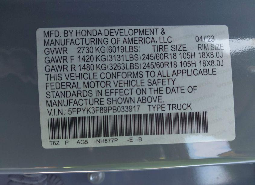 Photo 9 of 2023 Honda Ridgeline BLACK EDITION (VIN 5FPYK3F89PB033917)