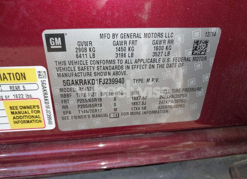 Photo 9 of 2015 Buick Enclave CONVENIENCE (VIN 5GAKRAKD1FJ239940)