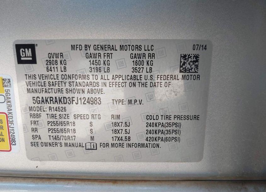 Photo 9 of 2015 Buick Enclave CONVENIENCE (VIN 5GAKRAKD3FJ124983)