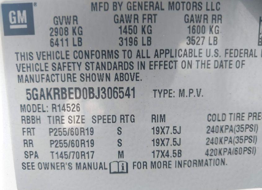 Photo 9 of 2011 Buick Enclave 1XL (VIN 5GAKRBED0BJ306541)