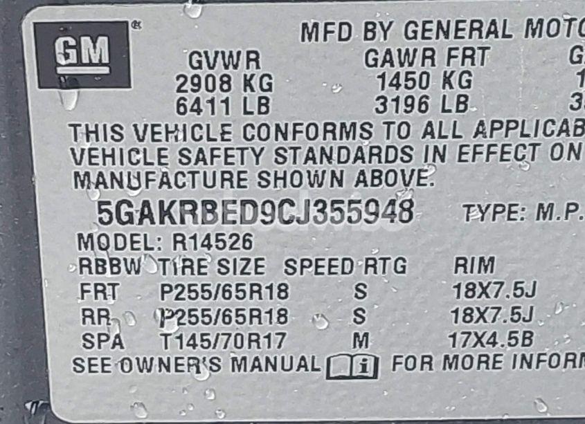 Photo 9 of 2012 Buick Enclave CONVENIENCE (VIN 5GAKRBED9CJ355948)