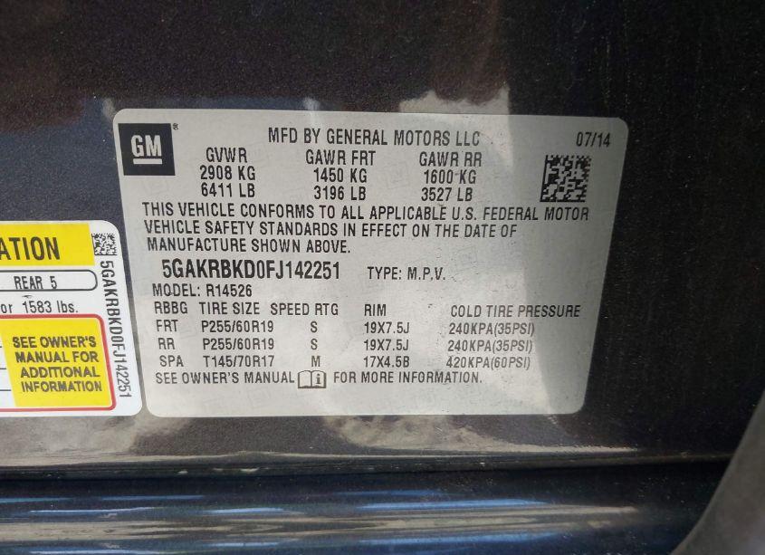 Photo 9 of 2015 Buick Enclave LEATHER (VIN 5GAKRBKD0FJ142251)