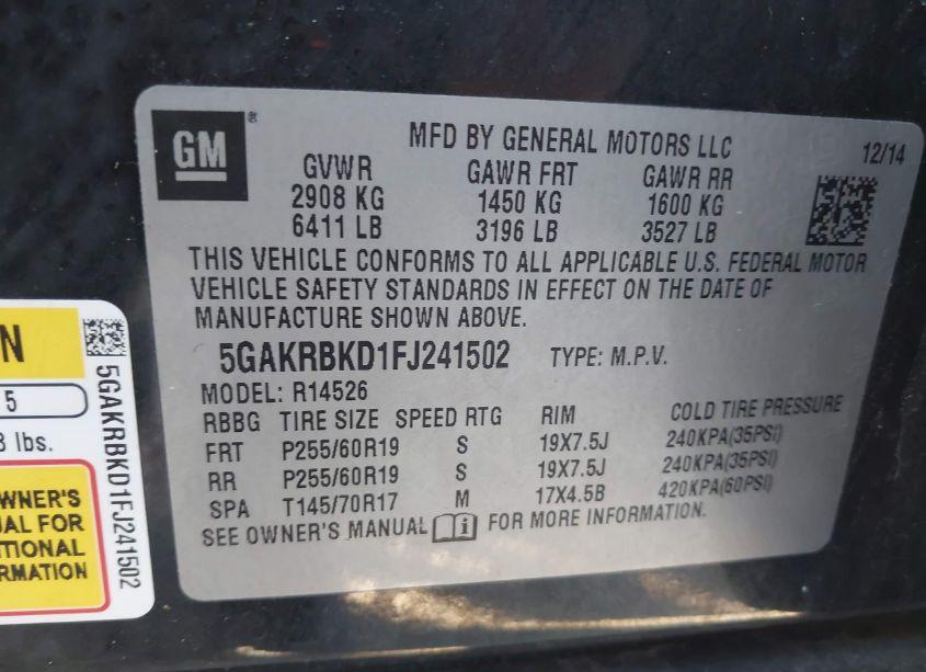 Photo 9 of 2015 Buick Enclave LEATHER (VIN 5GAKRBKD1FJ241502)