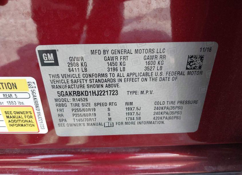 Photo 9 of 2017 Buick Enclave LEATHER (VIN 5GAKRBKD1HJ221723)