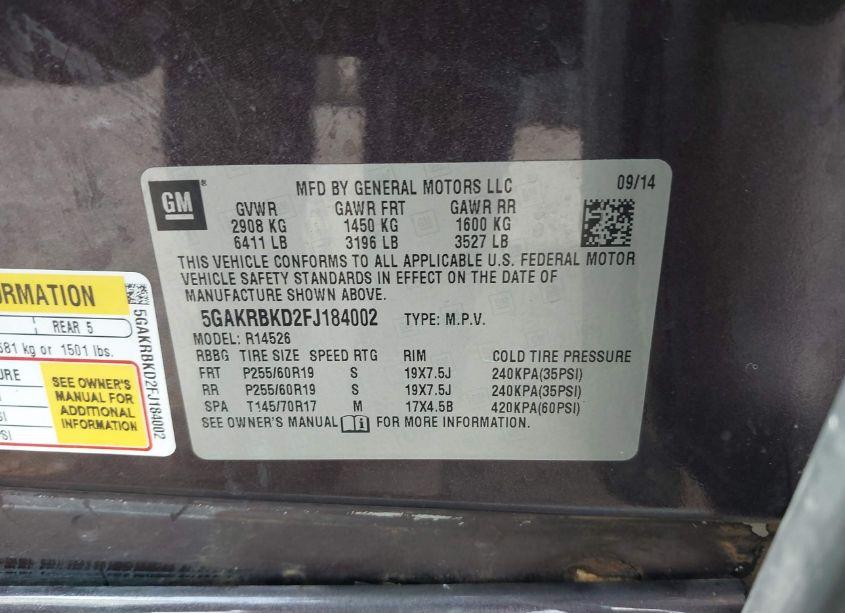 Photo 9 of 2015 Buick Enclave LEATHER (VIN 5GAKRBKD2FJ184002)