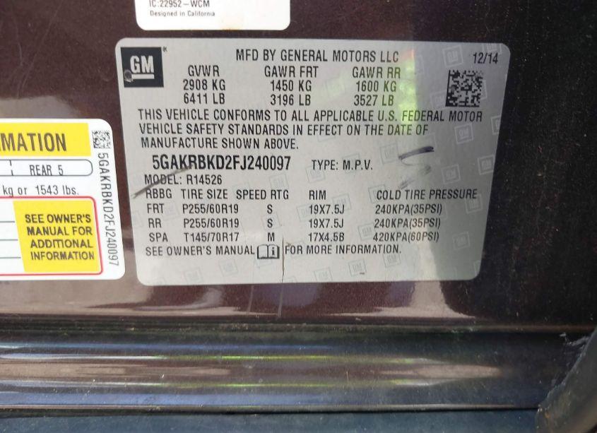 Photo 9 of 2015 Buick Enclave LEATHER (VIN 5GAKRBKD2FJ240097)