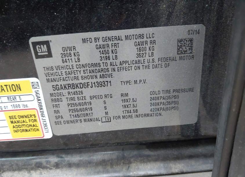 Photo 9 of 2015 Buick Enclave LEATHER (VIN 5GAKRBKD6FJ139371)