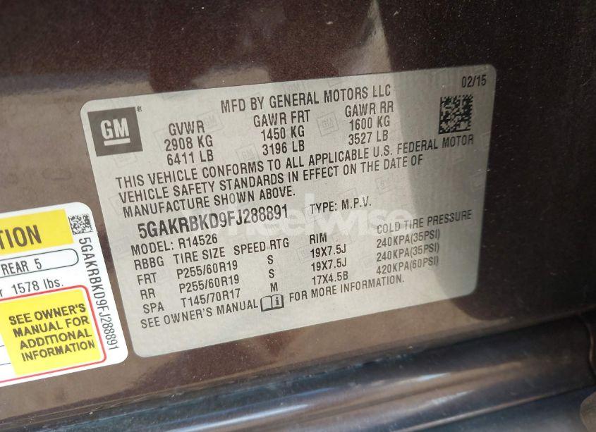 Photo 9 of 2015 Buick Enclave LEATHER (VIN 5GAKRBKD9FJ288891)