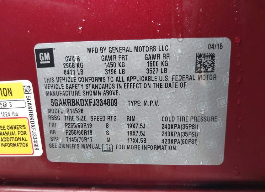 Photo 9 of 2015 Buick Enclave LEATHER (VIN 5GAKRBKDXFJ334809)