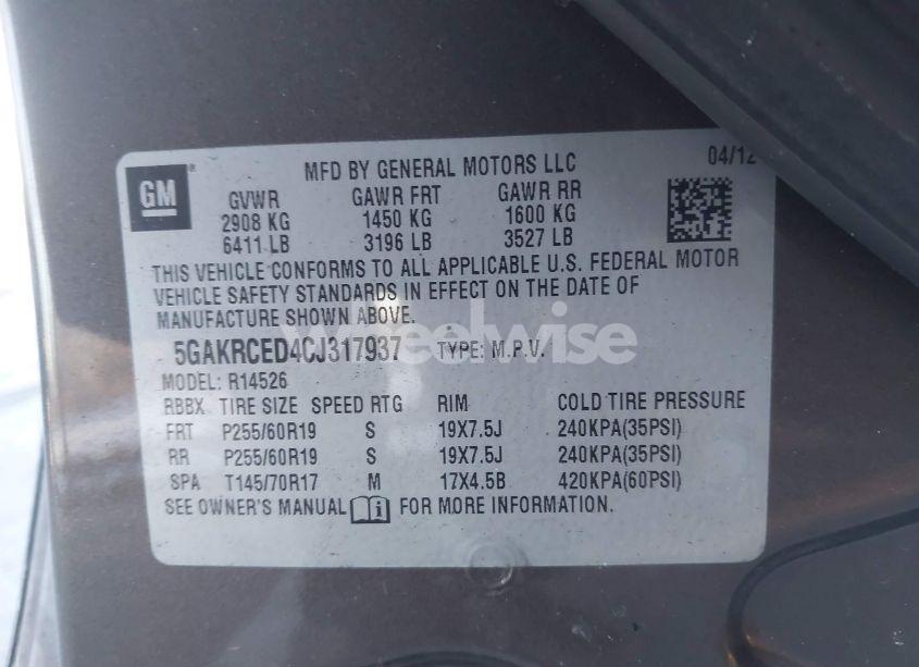 Photo 9 of 2012 Buick Enclave LEATHER (VIN 5GAKRCED4CJ317937)