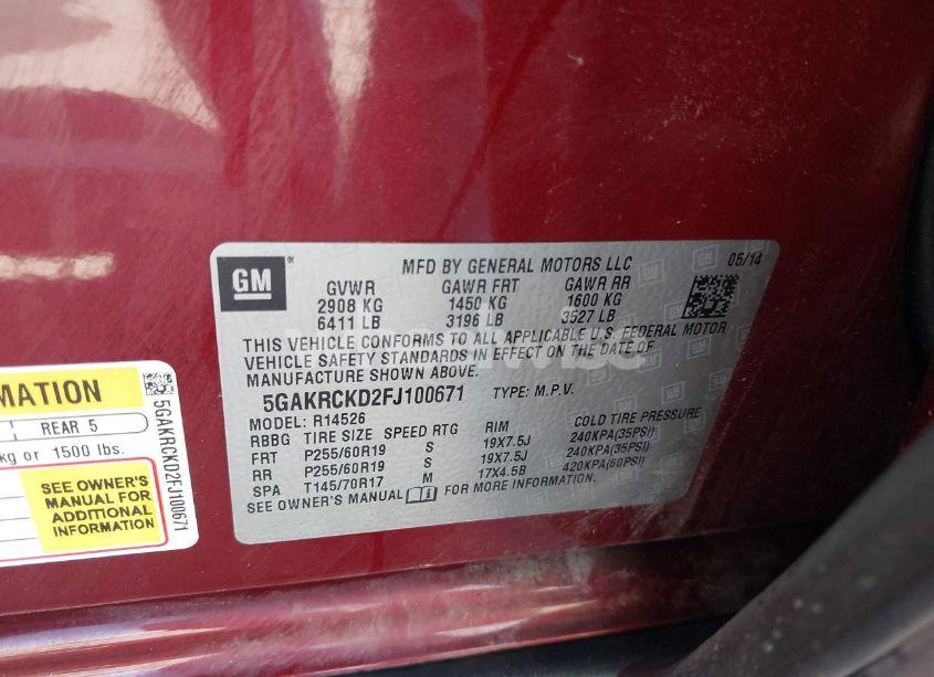 Photo 9 of 2015 Buick Enclave PREMIUM (VIN 5GAKRCKD2FJ100671)