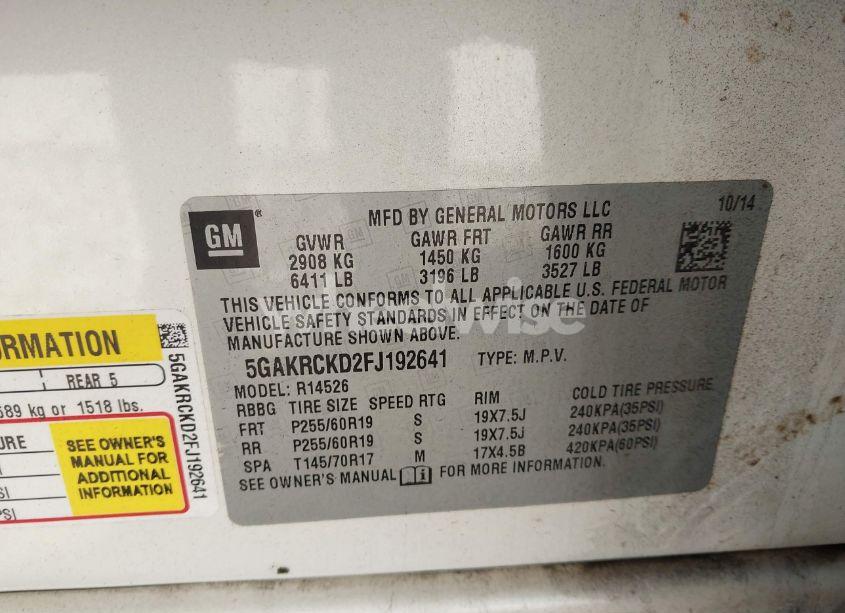 Photo 9 of 2015 Buick Enclave PREMIUM (VIN 5GAKRCKD2FJ192641)