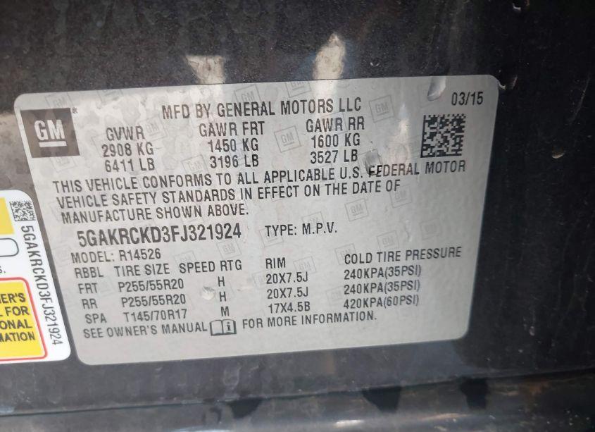 Photo 9 of 2015 Buick Enclave PREMIUM (VIN 5GAKRCKD3FJ321924)