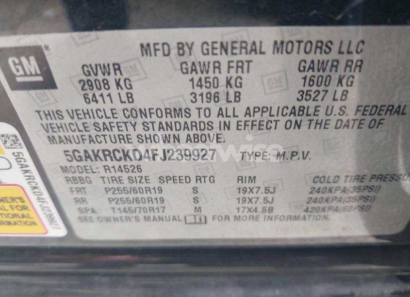 Photo 9 of 2015 Buick Enclave PREMIUM (VIN 5GAKRCKD4FJ239927)