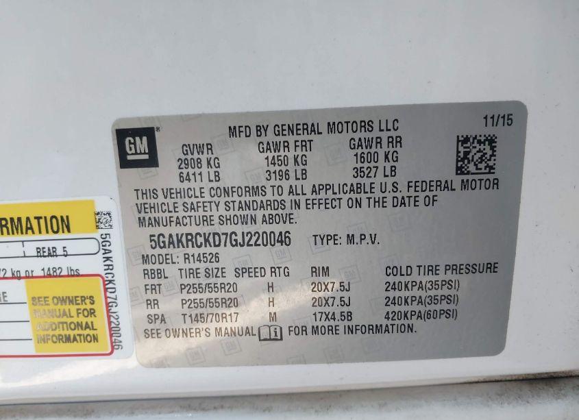 Photo 9 of 2016 Buick Enclave PREMIUM (VIN 5GAKRCKD7GJ220046)