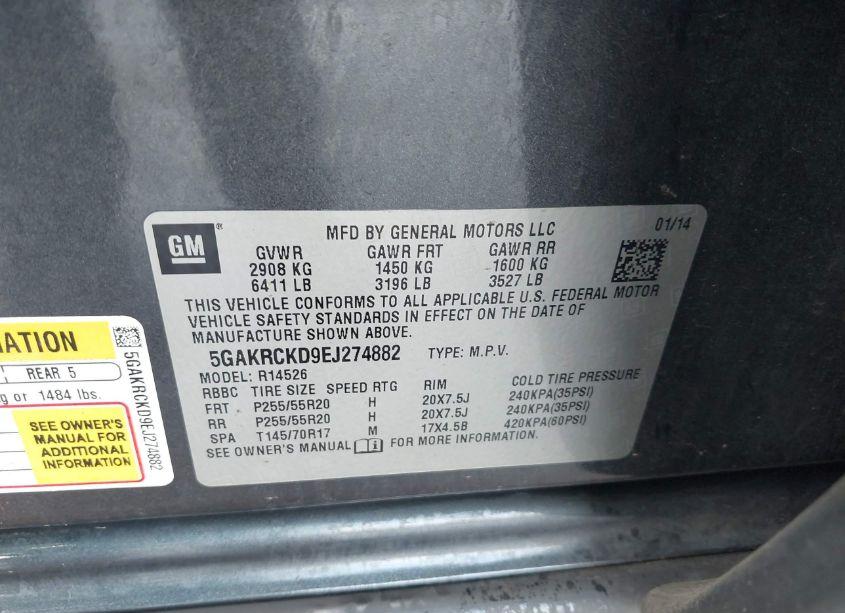 Photo 9 of 2014 Buick Enclave PREMIUM (VIN 5GAKRCKD9EJ274882)