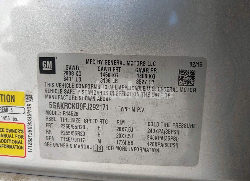 Photo 9 of 2015 Buick Enclave PREMIUM (VIN 5GAKRCKD9FJ292171)