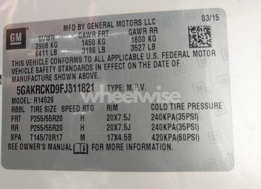 Photo 9 of 2015 Buick Enclave PREMIUM (VIN 5GAKRCKD9FJ311821)