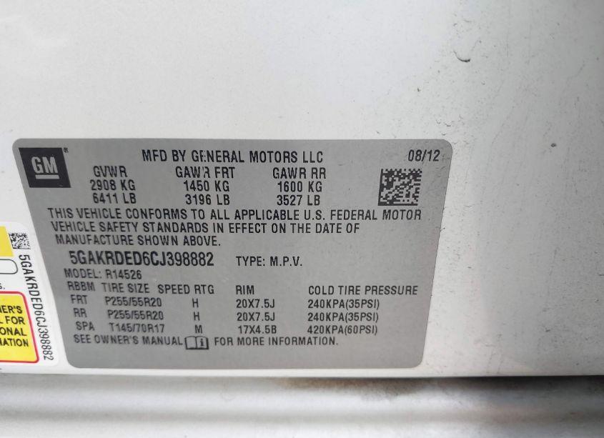 Photo 9 of 2012 Buick Enclave PREMIUM (VIN 5GAKRDED6CJ398882)