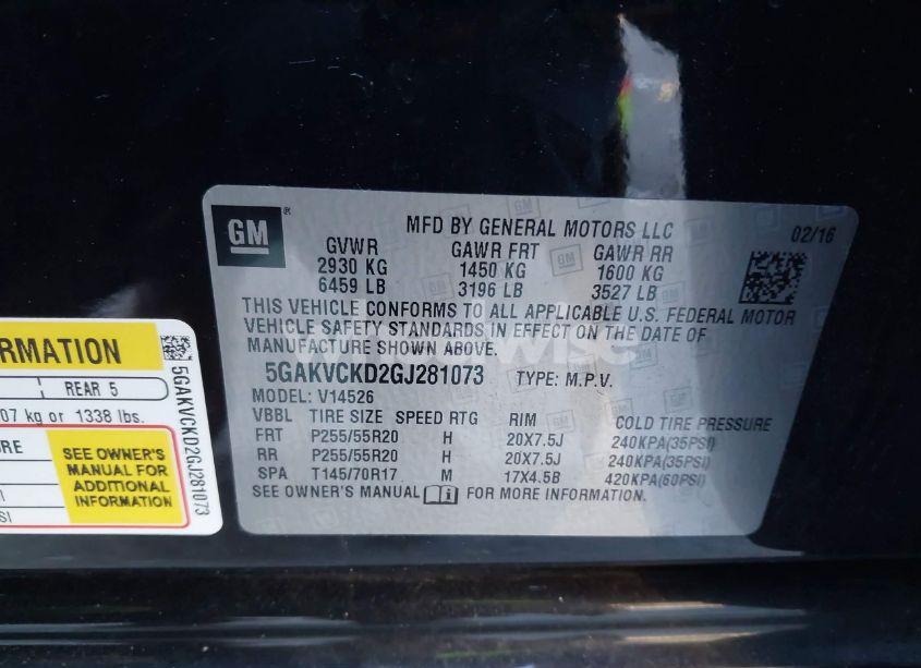 Photo 9 of 2016 Buick Enclave PREMIUM (VIN 5GAKVCKD2GJ281073)