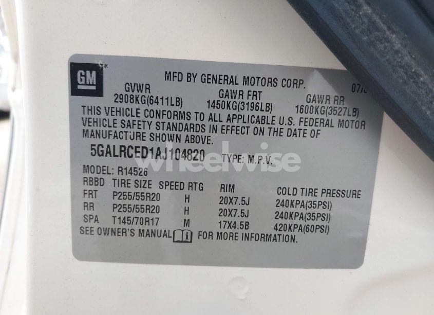 Photo 9 of 2010 Buick Enclave 2XL (VIN 5GALRCED1AJ104820)