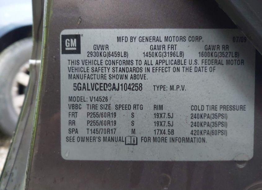 Photo 9 of 2010 Buick Enclave 2XL (VIN 5GALVCED8AJ104258)