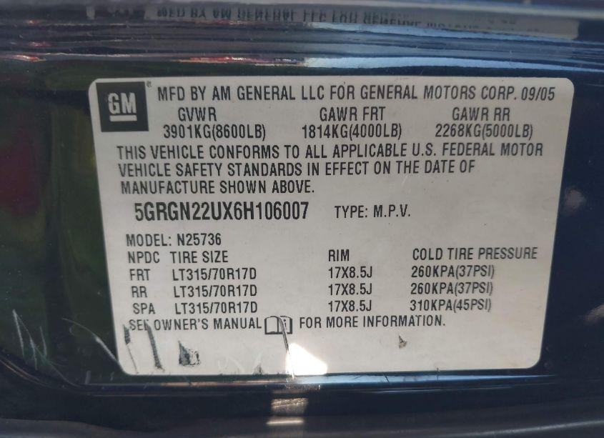 Photo 9 of 2006 Hummer H2 SUT (VIN 5GRGN22UX6H106007)