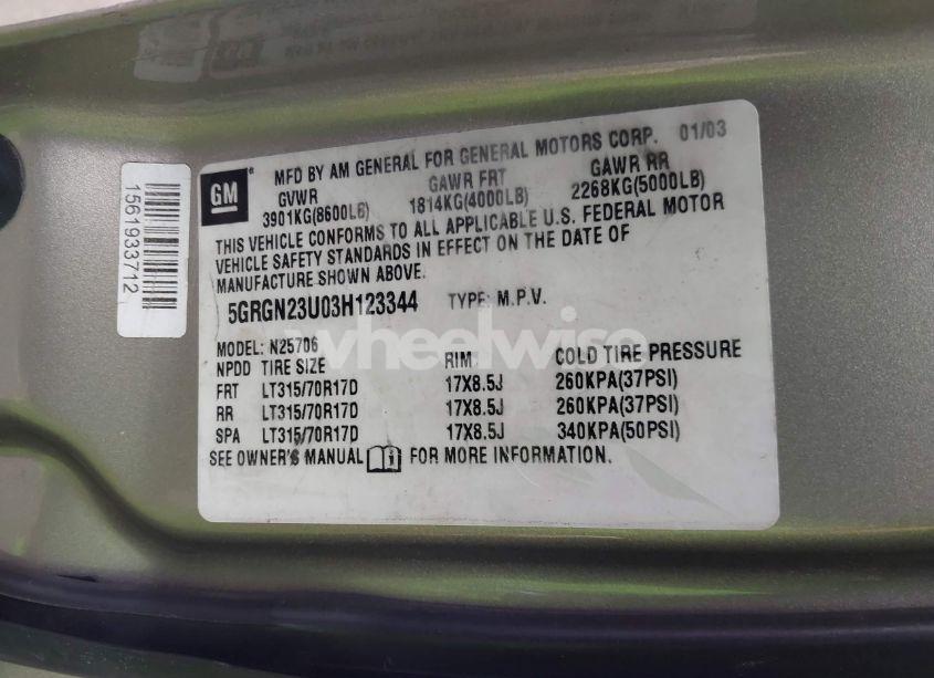 Photo 9 of 2003 Hummer H2 (VIN 5GRGN23U03H123344)