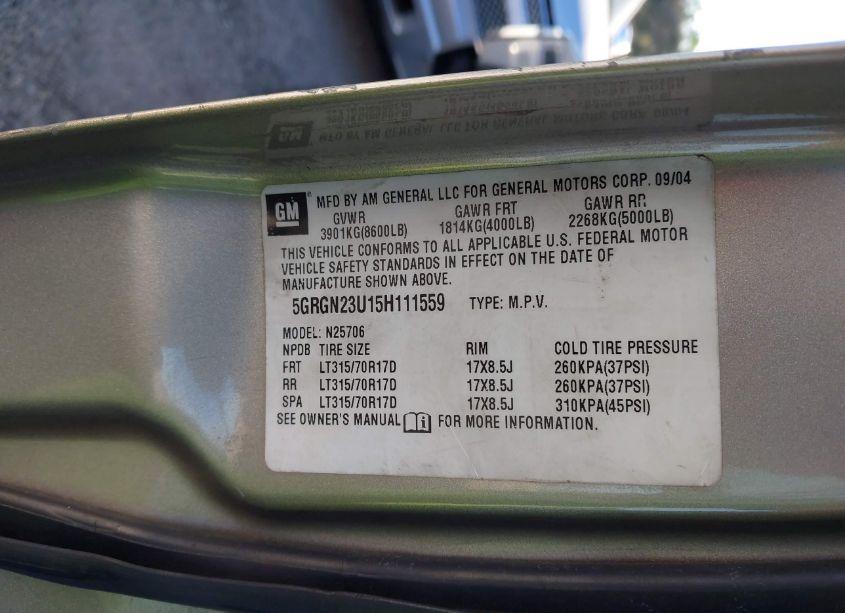 Photo 9 of 2005 Hummer H2 SUV (VIN 5GRGN23U15H111559)