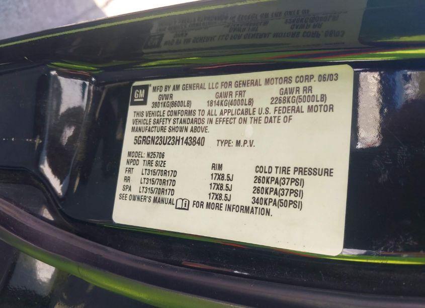 Photo 9 of 2003 Hummer H2 (VIN 5GRGN23U23H143840)