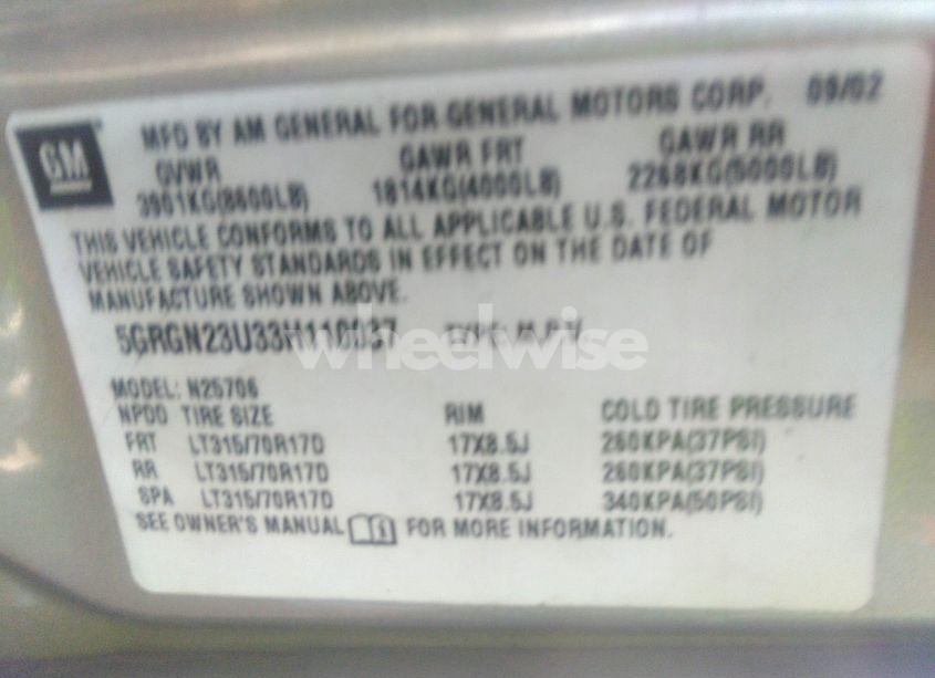 Photo 9 of 2003 Hummer H2 (VIN 5GRGN23U33H110037)