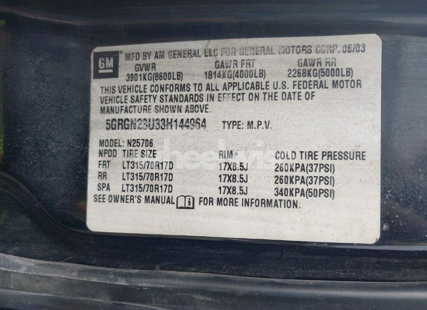 Photo 9 of 2003 Hummer H2 (VIN 5GRGN23U33H144964)