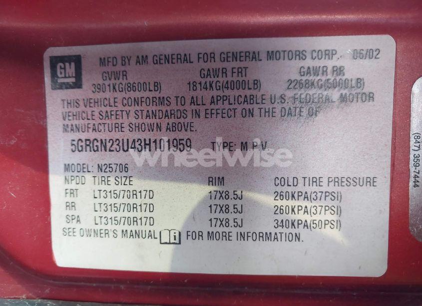 Photo 9 of 2003 Hummer H2 (VIN 5GRGN23U43H101959)