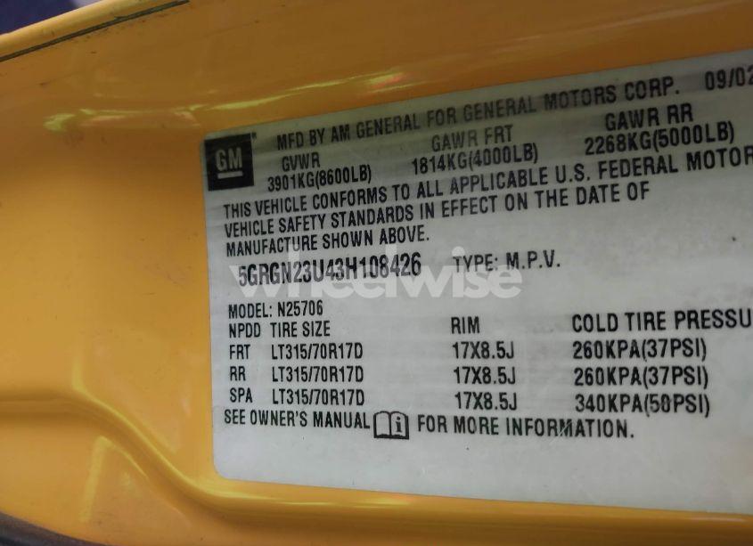 Photo 9 of 2003 Hummer H2 (VIN 5GRGN23U43H108426)