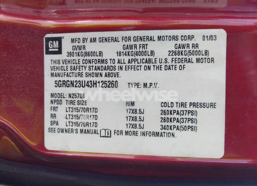 Photo 9 of 2003 Hummer H2 (VIN 5GRGN23U43H125260)