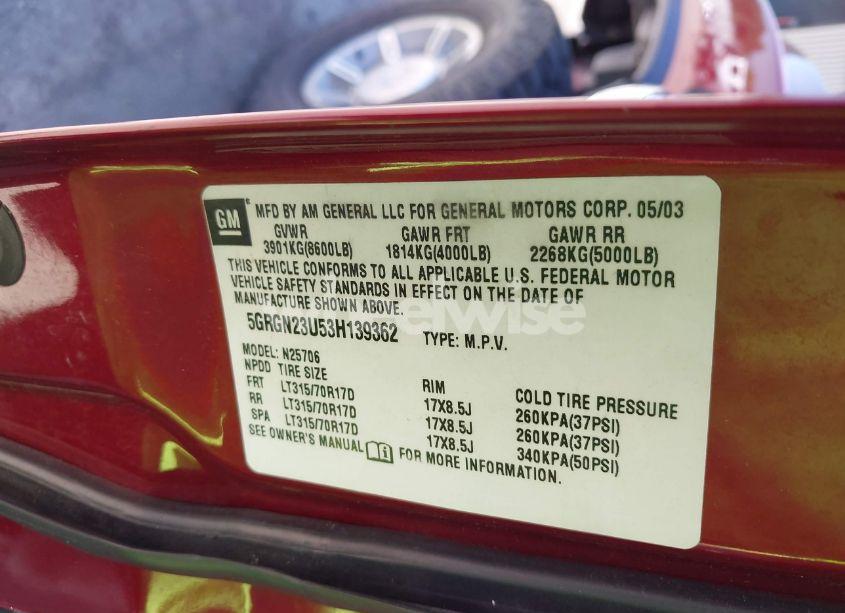 Photo 9 of 2003 Hummer H2 (VIN 5GRGN23U53H139362)