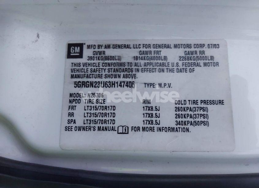 Photo 9 of 2003 Hummer H2 (VIN 5GRGN23U63H147406)