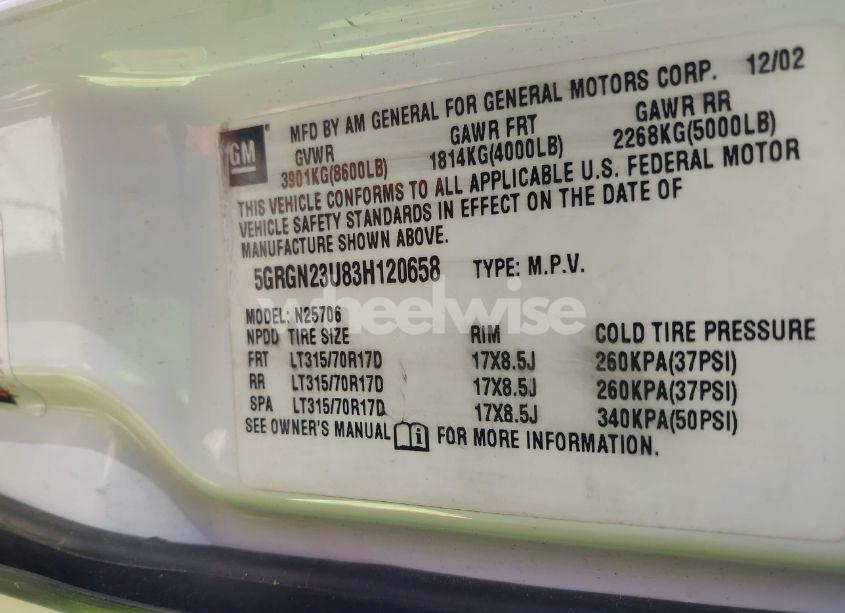 Photo 9 of 2003 Hummer H2 (VIN 5GRGN23U83H120658)