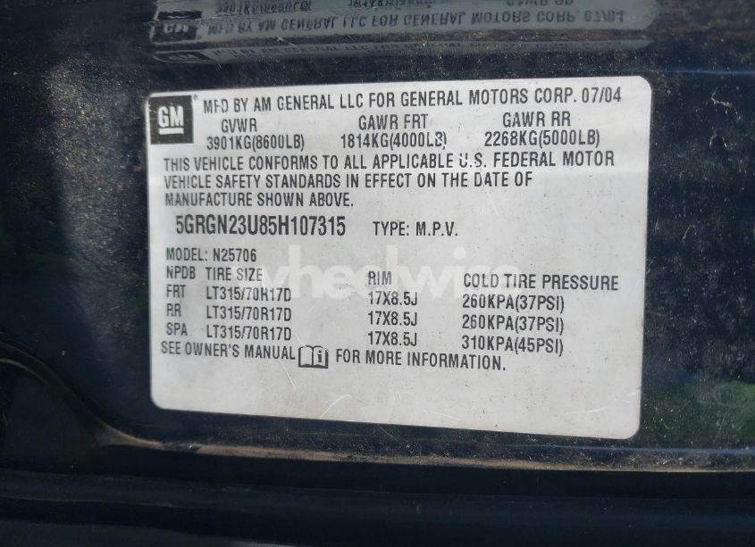 Photo 9 of 2005 Hummer H2 SUV (VIN 5GRGN23U85H107315)