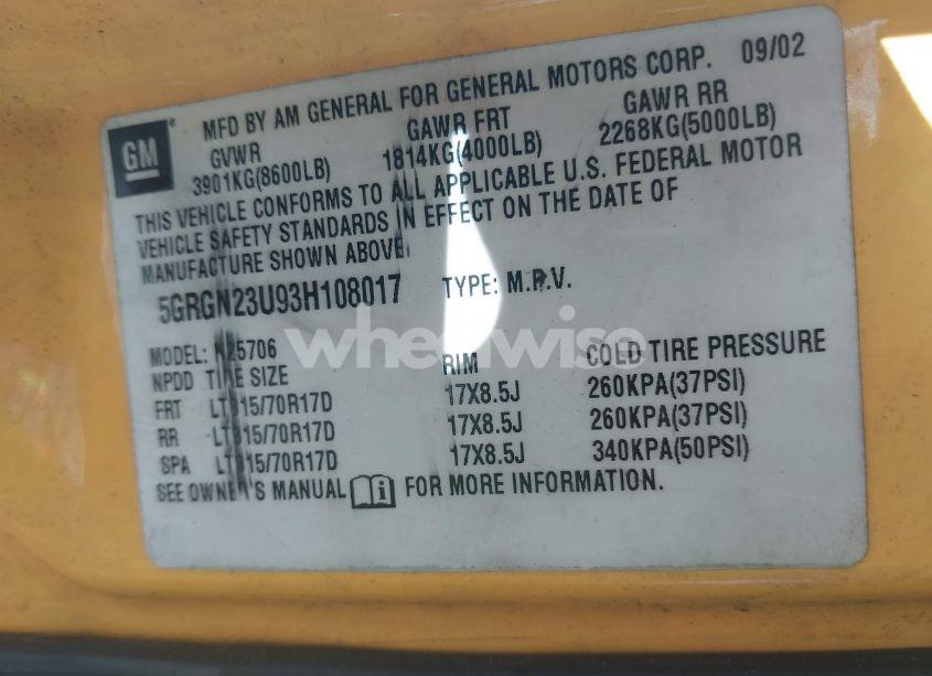 Photo 9 of 2003 Hummer H2 (VIN 5GRGN23U93H108017)