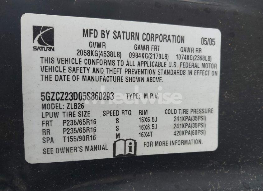 Photo 9 of 2005 Saturn Vue 4 CYL (VIN 5GZCZ23D05S860293)