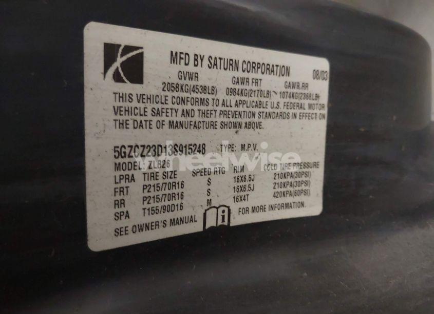 Photo 9 of 2003 Saturn Vue 4 CYL (VIN 5GZCZ23D13S915248)